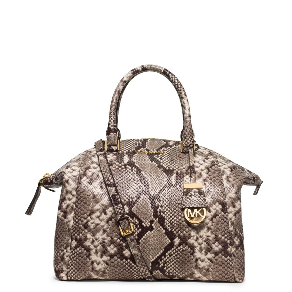 Michael Kors Taupe and Brown Python-Print Satchel with Gold Hardware